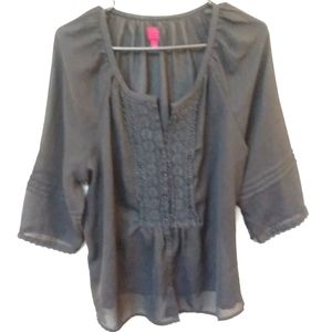 Women's Sheer Black Button Peasant Blouse